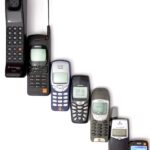 A row of mobile phones showing the evolution of handset design