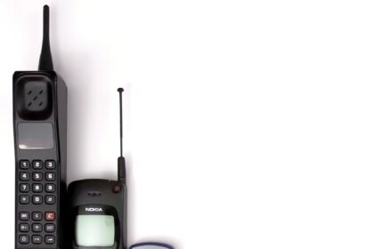 A row of mobile phones showing the evolution of handset design