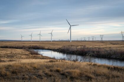 Canadian landscape with distant wind turbines and transmission lines